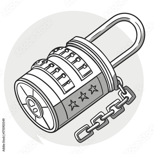 A black and white illustration of a combination lock with a chain and stars on a gray circular background