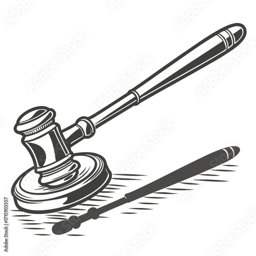 A classic black and white illustration of a wooden gavel and sounding block on a wooden surface