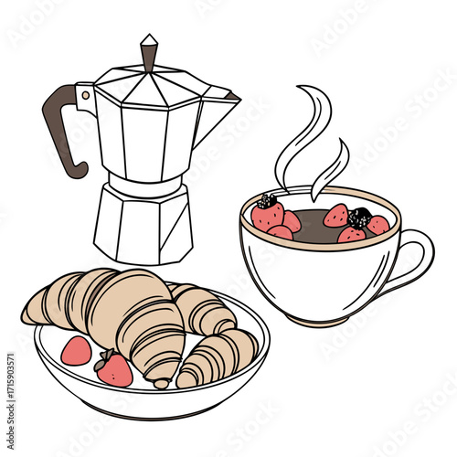 A delightful breakfast illustration featuring a moka pot croissants with strawberries and a steaming cup of coffee with fruit