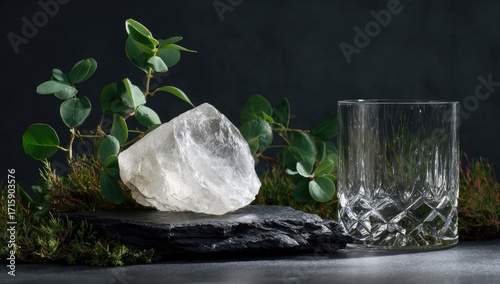 A raw, white crystal rests on slate, beside a crystal glass, surrounded by greenery