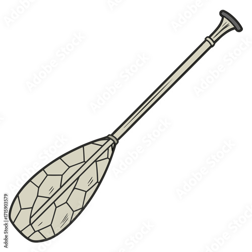 A simple cartoon illustration of a light brown canoe paddle with a black outline against a white background
