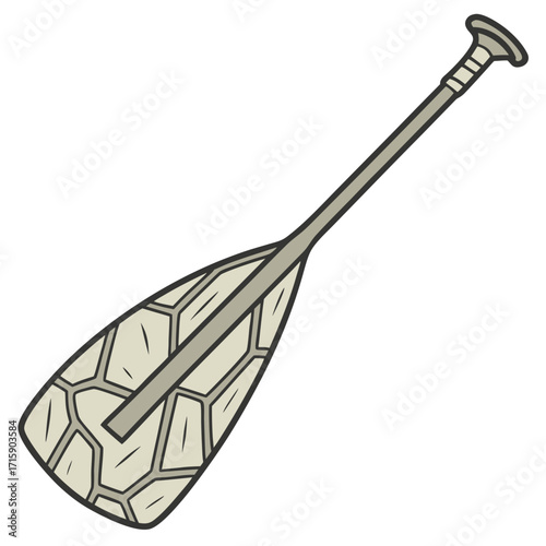 A simple cartoon illustration of a canoe paddle with a textured blade and a rounded handle on a white background