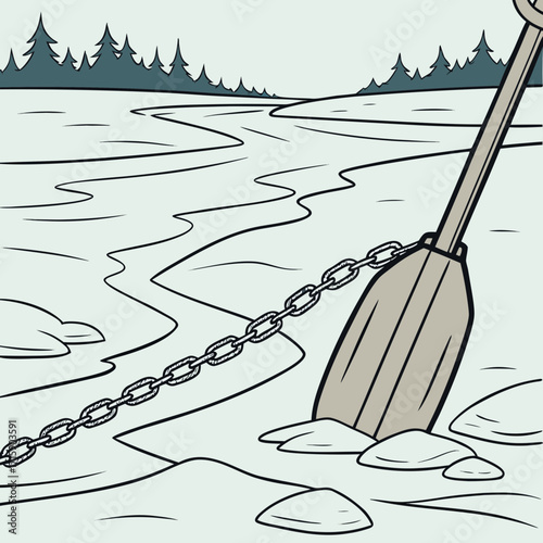 A shovel with a chain attached rests on a frozen landscape with trees in the background