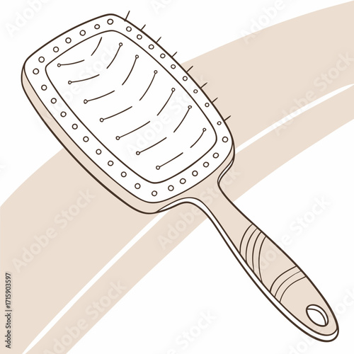 A simple line drawing of a beige hairbrush with a rounded head and a comfortable handle on a light background