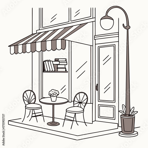 Charming outdoor cafe scene with striped awning books on display and two chairs at a table