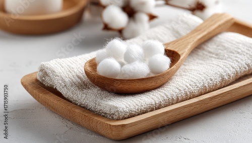 Wooden tray with cotton balls and towel