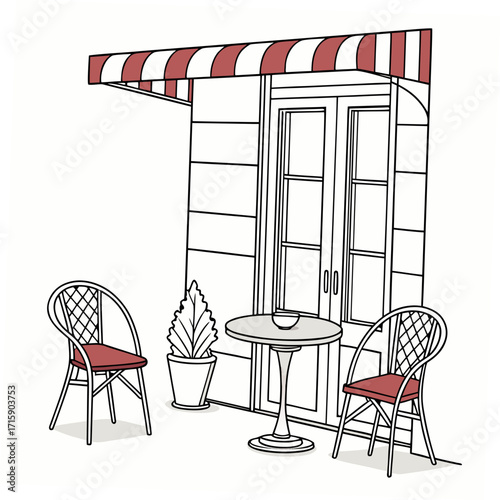 Charming parisian cafe scene with striped awning double doors table chairs and potted plant