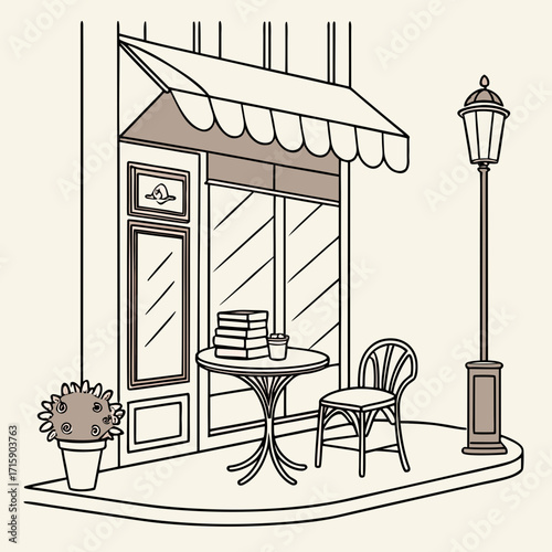Charming parisian cafe scene with outdoor seating books a potted plant and a lamppost