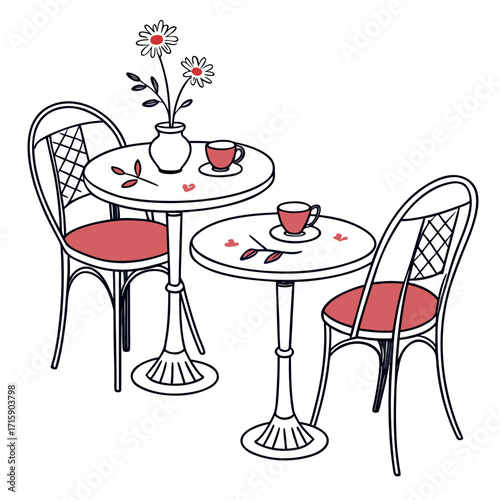 Charming parisian cafe scene with two tables chairs coffee cups and a vase of flowers