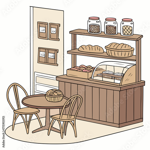 Cozy illustration of a bakery interior with display shelves glass counter and a small seating area