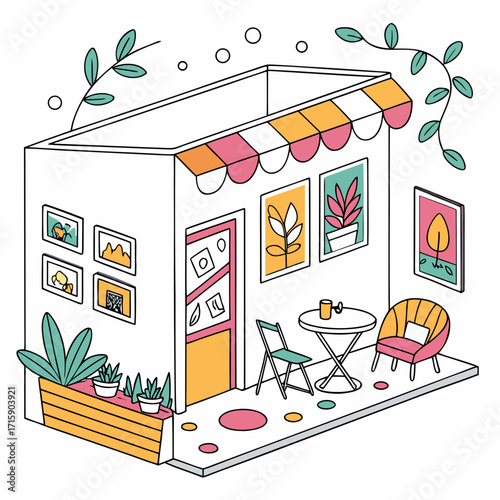 Cozy isometric illustration of a small shop or cafe with plants and artwork displayed outside