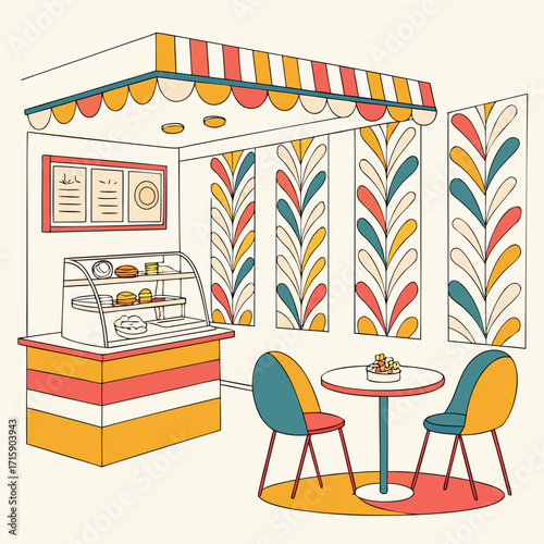 Cozy retro cafe interior with display case seating area and decorative wall panels