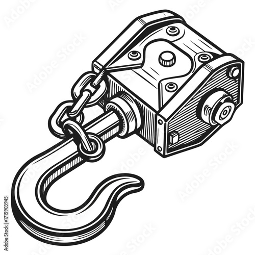 Detailed black and white illustration of a heavy duty lifting hook with a robust chain and pulley system