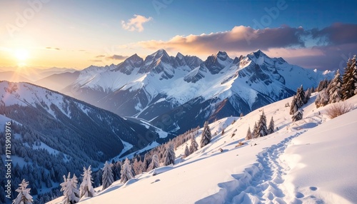 Snowy Mountain Range at Sunset with Golden Sunlight and Clouds Majestic Winter Landscape High Altitude Scene Powder Snow and Evergreen Trees