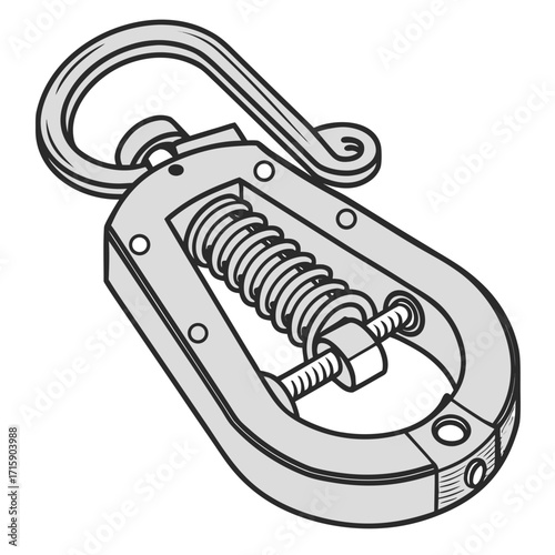 Detailed illustration of a spring loaded clamp with a hook and a threaded rod mechanism