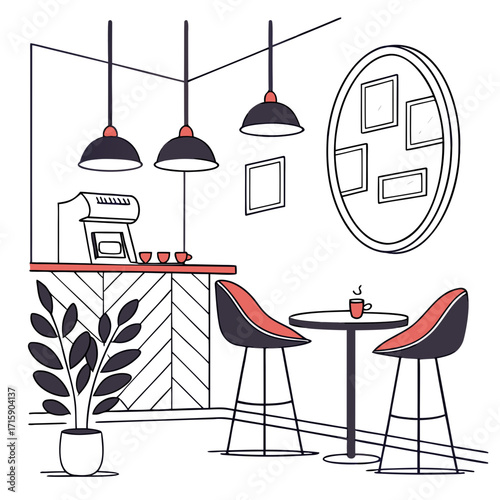 Modern minimalist coffee shop interior design with counter seating and small table with chairs