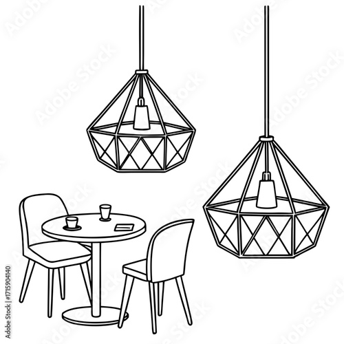 Modern geometric pendant lights illuminate a minimalist cafe table with two chairs and coffee cups