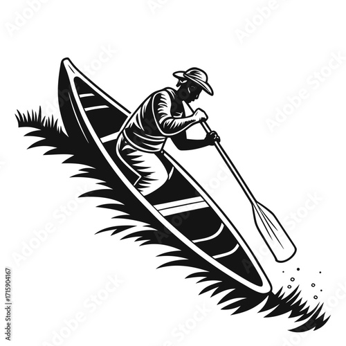 Silhouette of a person wearing a hat paddling a canoe through choppy water with grass on the side