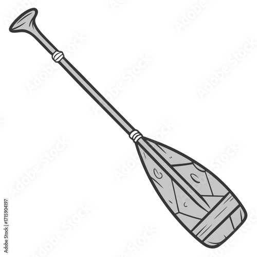 Simple cartoon illustration of a single gray canoe paddle with a flared handle and wooden textured blade