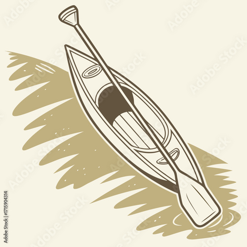 Stylized illustration of a kayak and paddle resting on water with shadowy ripples