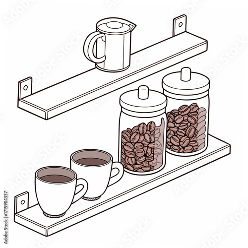 Two shelves display coffee cups coffee beans in jars and a creamer pitcher in a simple line art illustration
