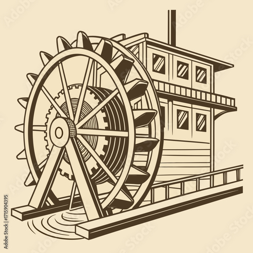 Vintage paddle wheel steamboat illustration with detailed mechanical wheel and wooden hull on a calm river