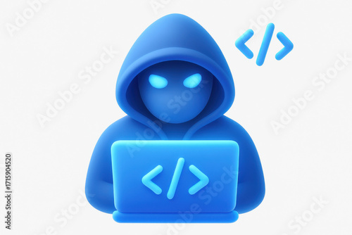 3d hacker with laptop and code symbol in blue design for cybersecurity themes
