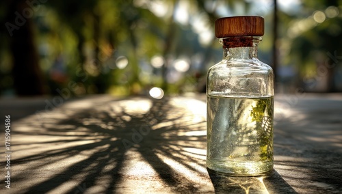 Small glass bottle with light liquid, sunlit shadows of palm trees