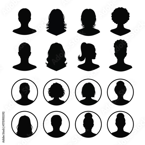 Diverse silhouette profile headshots collection representing various hair styles and genders silhouette
