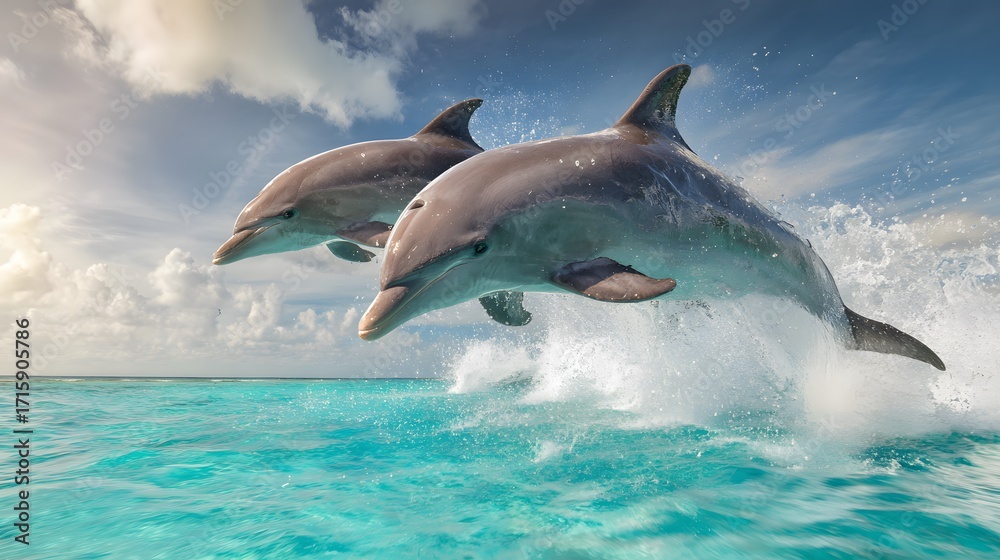 Fototapeta premium Dolphins jumping out of ocean water stock photo beautiful marine life aquatic mammals sea animal photography