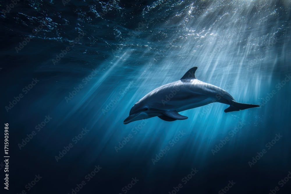 Fototapeta premium Majestic Dolphin Swimming Gracefully in Clear, Blue Ocean Water with Sunlight Streaming Through for a Powerful Underwater Wildlife Scene