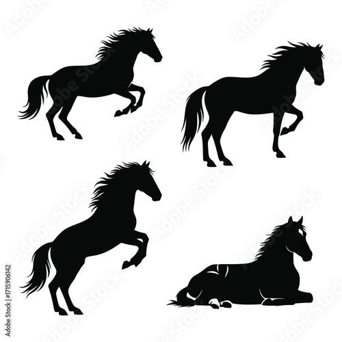 Dynamic horse silhouettes four poses running rearing standing lying down silhouette