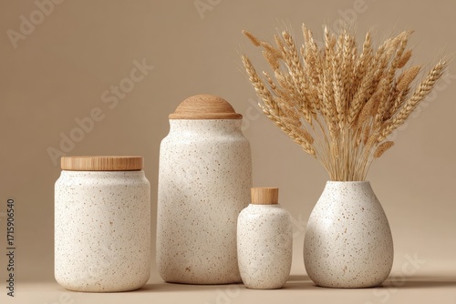 Four speckled ceramic jars and a vase, accented with wooden lids and wheat stalks, on a beige background