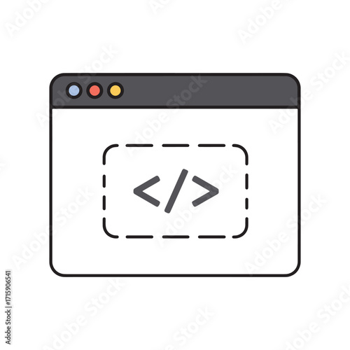 Web elements computer browser window with code symbols and dashed outline for design concepts