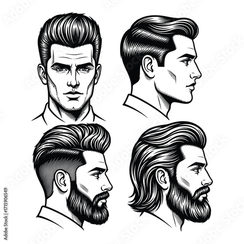 Diverse male hairstyles and beards illustrated in vintage black and white style silhouette
