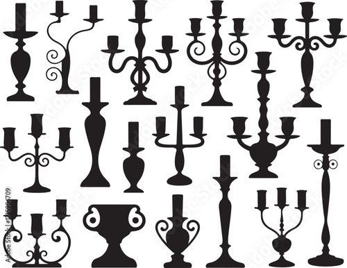 Candelabra Silhouette Set Candle Holder Decoration Light Source Isolated on Transparent Background