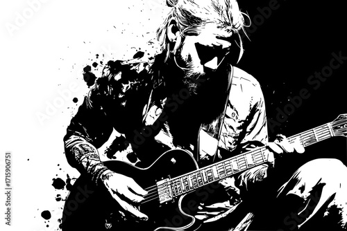 Rock guitar player, black and white grunge vector