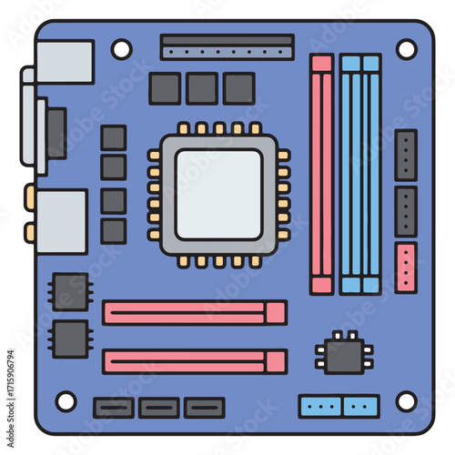 Computer motherboard elements and components illustration with microchip, ram slots, and connectors