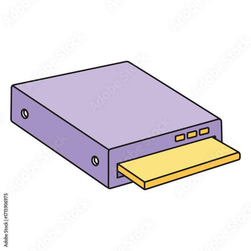 Flat illustration of a violet DVD player with a yellow disc sticking out, representing elements of a computer