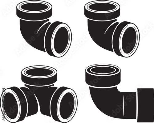 Collection of Plumbing Pipe Fittings Silhouette in Black and White with Elbows and Tee