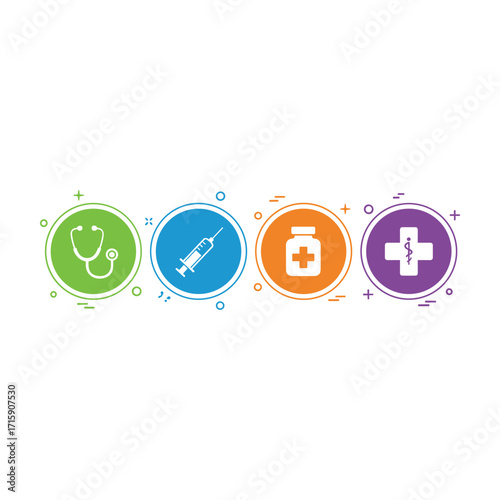 Modern Healthcare Icons, Stethoscope, Syringe, Medicine Bottle, Medical Cross Flat Design