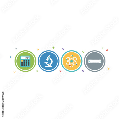 STEM Education, Calculator, Microscope, Atom, Ruler, Flat Design Icons, Colorful, Informative