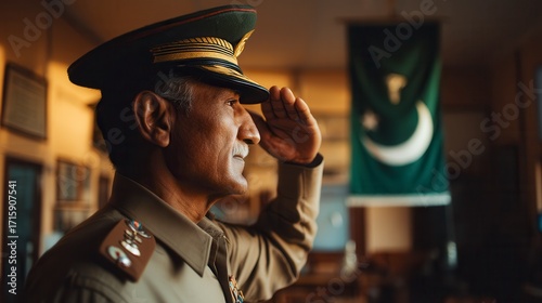 Proud senior Pakistani military officer saluting in formal uniform with Pakistan flag in background, warm lighting highlights dedicated service and patriotism in official setting