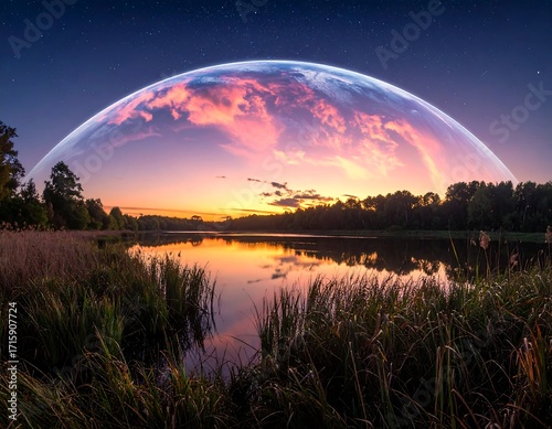 A serene lake scene at sunset, with a captivating view of a stylized Earth encompassed by a translucent sphere.
