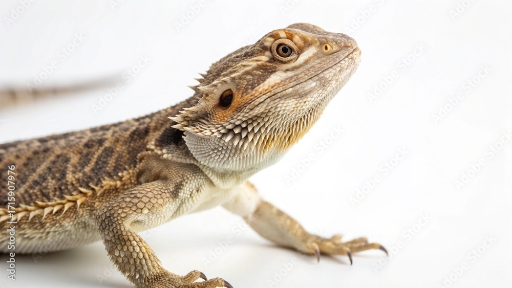 Obraz premium Lizard with textured scales and natural colors perched calmly on a clean white studio background, sharp focus, and professional studio lighting