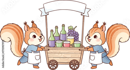 Two squirrels pushing a cart with drinks and grapes.