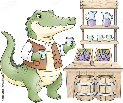 Cartoon alligator vendor selling grape juice at a wooden stand.