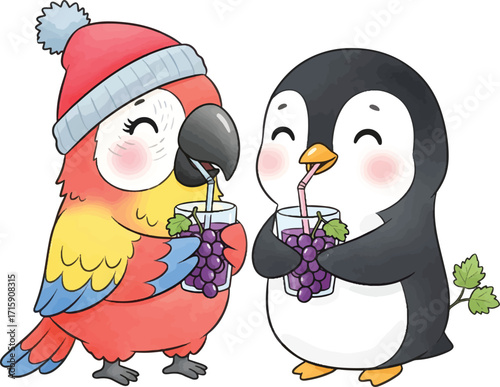 Cartoon parrot and penguin drinking grape juice together.