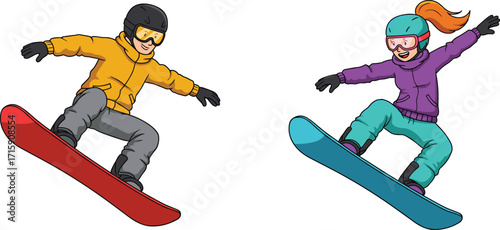 Cartoon snowboarders jumping in air, winter sports athletes illustration, extreme snowboarding activity, ski resort fun, outdoor adventure holiday vector design