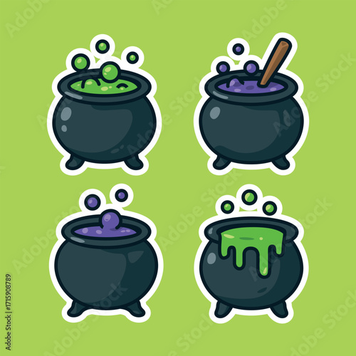 Spooky Halloween Cauldron Collection with Bubbling Potion and Magical Green Liquid Design